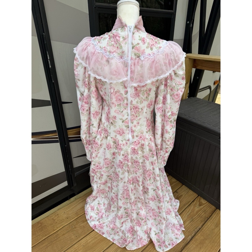 Vintage Hand Made 70s Pink Floral Prairie Maxi Long Sleeve Lace Trim Size 2/4 - Picture 3 of 8
